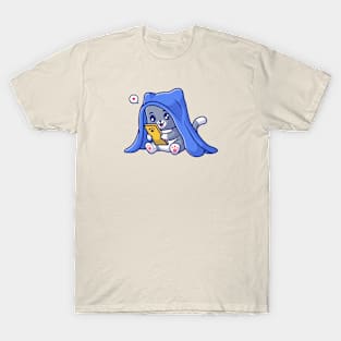 Cute Cat Playing Phone In Blanket Cartoon T-Shirt